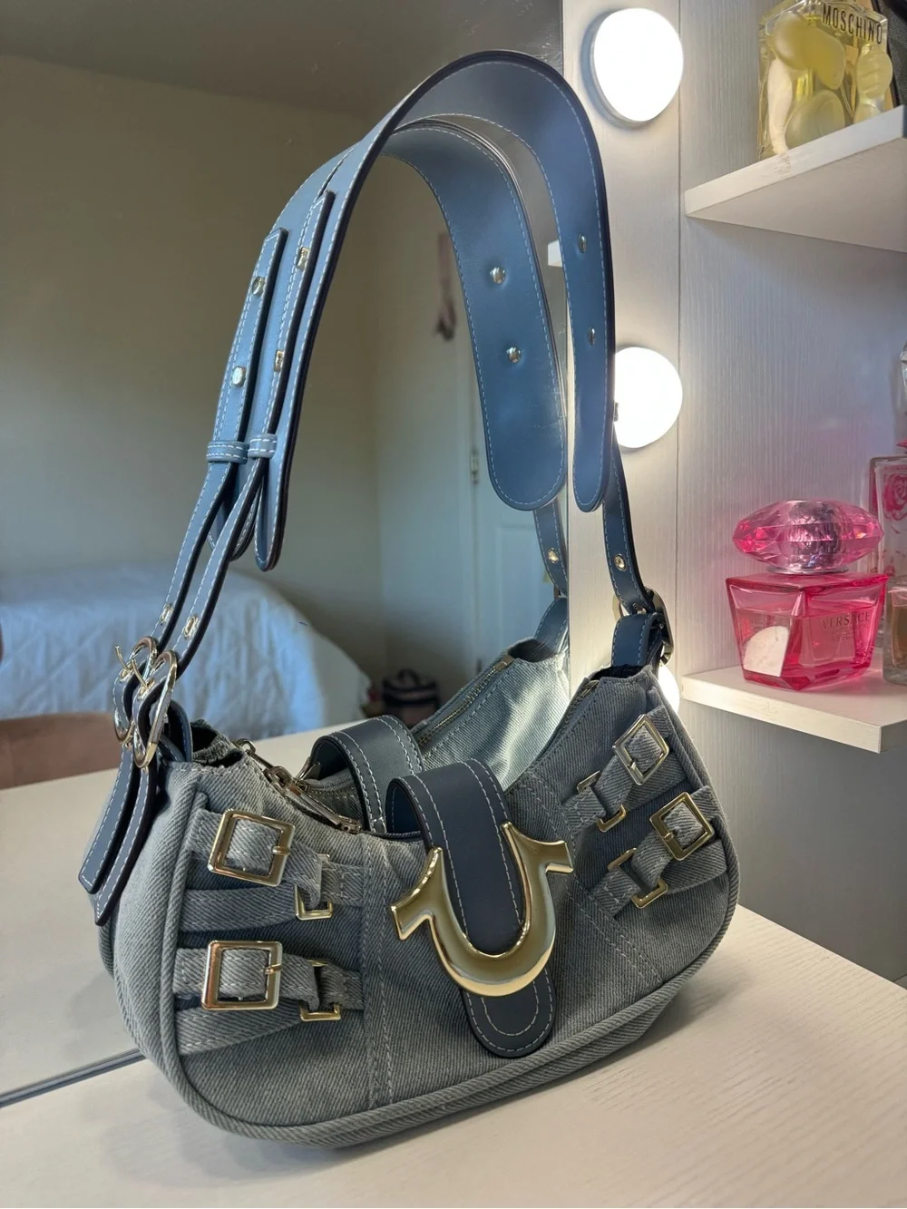True Religion Y2K Blue Denim Shoulder Bag with Silver Hardware